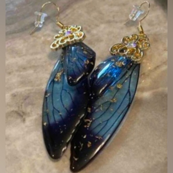 “Butterfly Wings” Ornate Gold Cap Blue Layer Gold Flake Fleck Translucent Dangle - Picture 4 of 5
